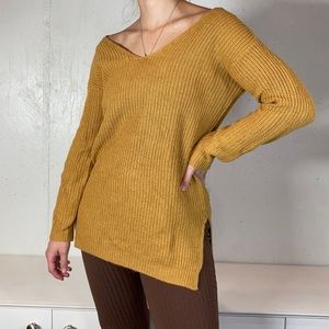 Knit Mustard Yellow Cross Open Back Fall Sweater